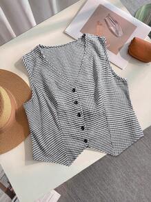 SHEIN LUNE Plus Size Front Button Sleeveless Houndstooth Casual Top