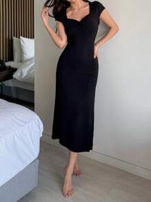 DAZY Minimalist Soft Knit Fabric Drawstring Collar Design Fitted Lounge Dress Pajama - Black - View 4