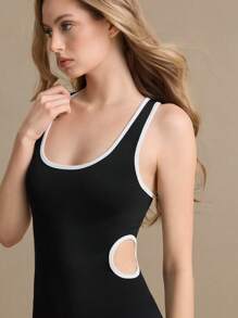 女士无袖撞色镶边镂空修身连体裤 - 黑色 - 查看 4