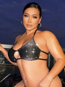 Swim SXY Top de traje de baño con empate y material brillante con lentejuelas para tallas grandes para el verano y la playa