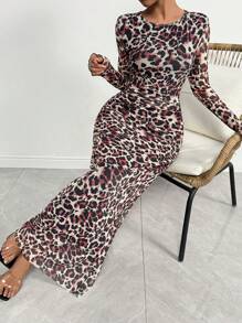 SHEIN ChicEase Đầm dài tay lưới bó họa tiết da báo thanh lịch dành cho nữ, phù hợp cho trang phục Maxi mùa xuân và mùa thu - Đỏ và trắng - Xem 5