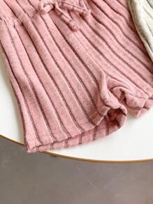 SHEIN Playful Pals 2pcs Baby Girl Infant Toddler 0-3 Years All-Match Versatile Casual Fuzzy Rib-Knit Cropped Vest & Shorts Set, Pink & Gray, For Daily Wear And Outings