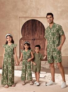 SHEIN Set de 2 piezas para niños pequeños con top con cuello de solapa y cordones y pantalones cortos casuales en unicolor, apropiado para atuendos infantiles, de vuelta al colegio, fiestas de cumpleaños, eventos, presentaciones, bodas, bautizos, graduaciones escolares, uso diario, primavera, verano