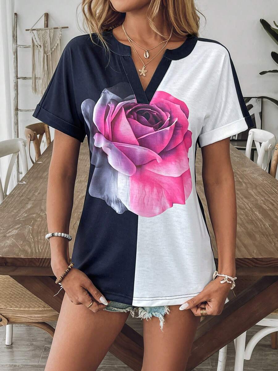 SHEIN LUNE Camiseta elegante ajustada con diseño floral jacquard de cuello en V, moda minimalista casual para uso diario - Multicolor - Ver 1