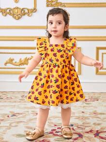SHEIN 女婴夏季可爱碎花图案连衣裙 - 黃色 - 查看 2