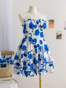 Soleia Vestido de mujer de talla grande con estampado de rosas y cintura elástica, adecuado para volver al colegio, vacaciones y uso a principios de otoño - Azul - Ver 7