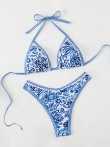 SHEIN Swim Springbreak 女士夏季随机花卉印花细肩带上衣和高腰比基尼下装度假泳装套装 - 彩色 - 查看 3