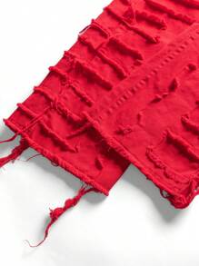 SHEIN 千禧年男孩时尚休闲街头风毛边设计红色直筒童牛仔裤，柔软舒适，适合日常穿着和夏季穿着。 - 紅色 - 查看 5