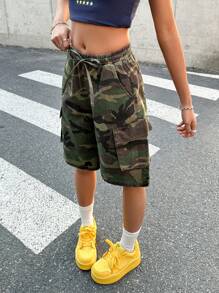 SHEIN Teen Girls' Y2K Summer Break Camouflage Camo Print Denim Loose Baggy Bermuda Denim Jeans Long Shorts,Girls Summer Boho Vacation Holiday Concert Rave Outfits - Army Green - View 7