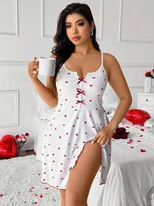 Celure Vestido midi con estampado de corazones en todo el Body, decoración de moño y tirantes divididos, para mujer talla grande, para San Valentín en verano - Blanco - Ver 7