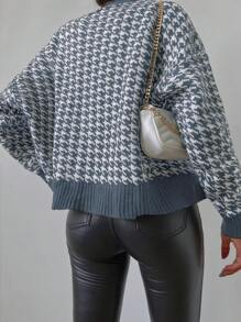 EURMUSE Casual Houndstooth Drop Shoulder Cardigan Sweater For Autumn/Winter - Dusty Blue - View 2