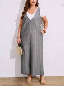 SHEIN LUNE Mono de talla grande para mujer con escote en V, informal, de lino a rayas, sin mangas, con cremallera trasera y bolsillos