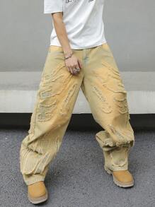 Manfinity Hypemode Men's Casual Washed Vintage Patch Denim Jeans - Yellow - View 1