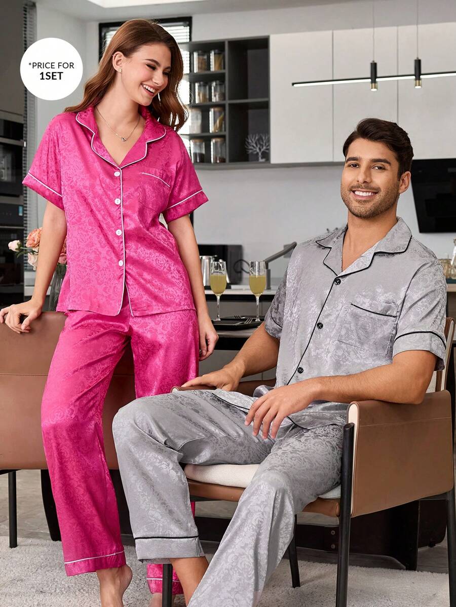 Patterned Faux Silk Notch Collar Open Front Short Sleeve Pants Men Pajama Set - Grey - View 1