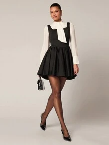 Glamine Vestido mini elegante con cuello de corbata y bloques de color