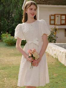 Holiday,Summer,TravelTeen Girl White Puff Sleeve A-Line Dress, Round Neck Short Sleeve Flared Long Dress, Elegant Casual Holiday Wear, Girls' Delicate Clothing, Suitable For Wedding Season, Floral & Decorative Design, No Traditional Patterns