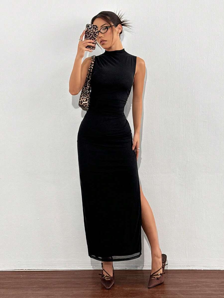 SHEIN EZwear Black Mesh High Slit Sleeveless Dress - Black - View 1