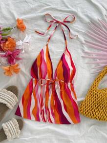 Soleia Women V-Neck Tie Front A-Line Vacation Top With Orange And Magenta Striped Pattern,Western Wear Women,Festival,Boho,Hippie,Cowgirl Outfit,Old Money ,Bohemian