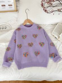 SHEIN Tween Girl Heart Pattern Detailed Simplistic Crew Neck Long Sleeve Casual Sweater - Mauve Purple - View 4