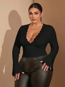 SHEIN BAE Blusa de manga larga con cuello en V y ribete de encaje en contraste para mujer talla grande, para exteriores, otoño/invierno