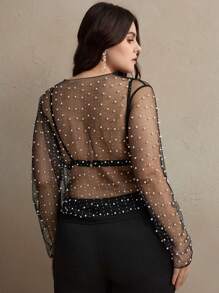 Anewsta Transparent Mesh Women's Plus Size Long Sleeved Summer Rhinestone Faux Pearl Top Spring For Women - Black - View 2