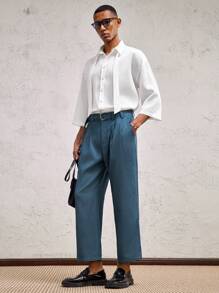 AKNOTIC Formal 男士宽松落肩短袖翻领休闲白衬衫，适合日常穿着 - 白色 - 查看 5