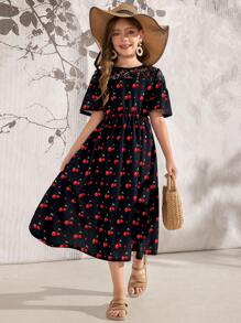 SHEIN Tween Girl Cherry Print Lace Splice Dress - Black - View 5