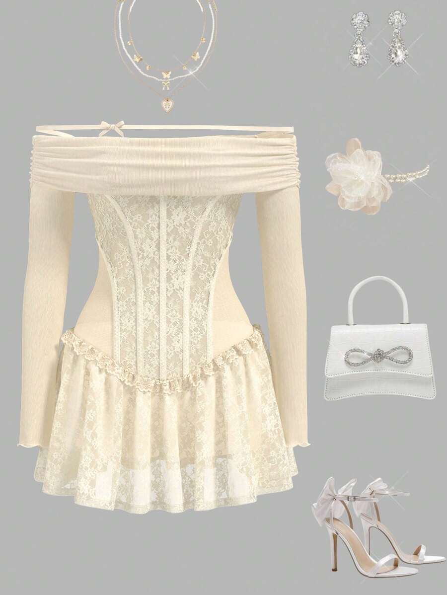 Sweetina 1 件 Y2k 露肩透明网眼蕾丝拼布休闲情人节连衣裙，简约时尚，适合日常穿着