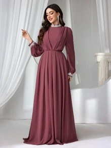 Coutiva Women Contrast Rhinestone Mock Neck Long Sleeve Prom Party Dress, Wedding Guest Dress, Formal Dress, Evening Dress