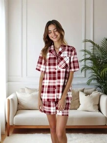 女士红色经典格子短袖短裤两件套睡衣套装，现代时尚 - 紅色 - 查看 6