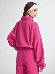SHEIN Sports قميص ثقيل رياضي كاجوال أساسي بأكمام طويلة وسحاب أمامي للنساء - روز أحمر - مشاهدة 3