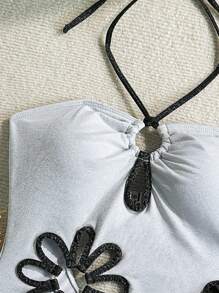 Soleia 1 Stück Damen Blumen Ausschnitt Kontrast Farbe Trägerloses Rückenfrei Badeanzug, geeignet für Strandurlaub, Valentinstag, Bademode für Frauen, Valentinstags-Kleidung, Urlaubsoutfits für Frauen, Strandoutfits für Frauen für Sommerurlaub