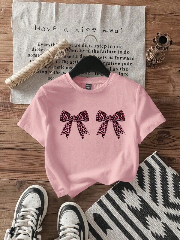 Attitoon Top crop cu mânecă scurtă pentru femei, ocazional, simplu, cu decor cu fundă de leopard, potrivit pentru vară