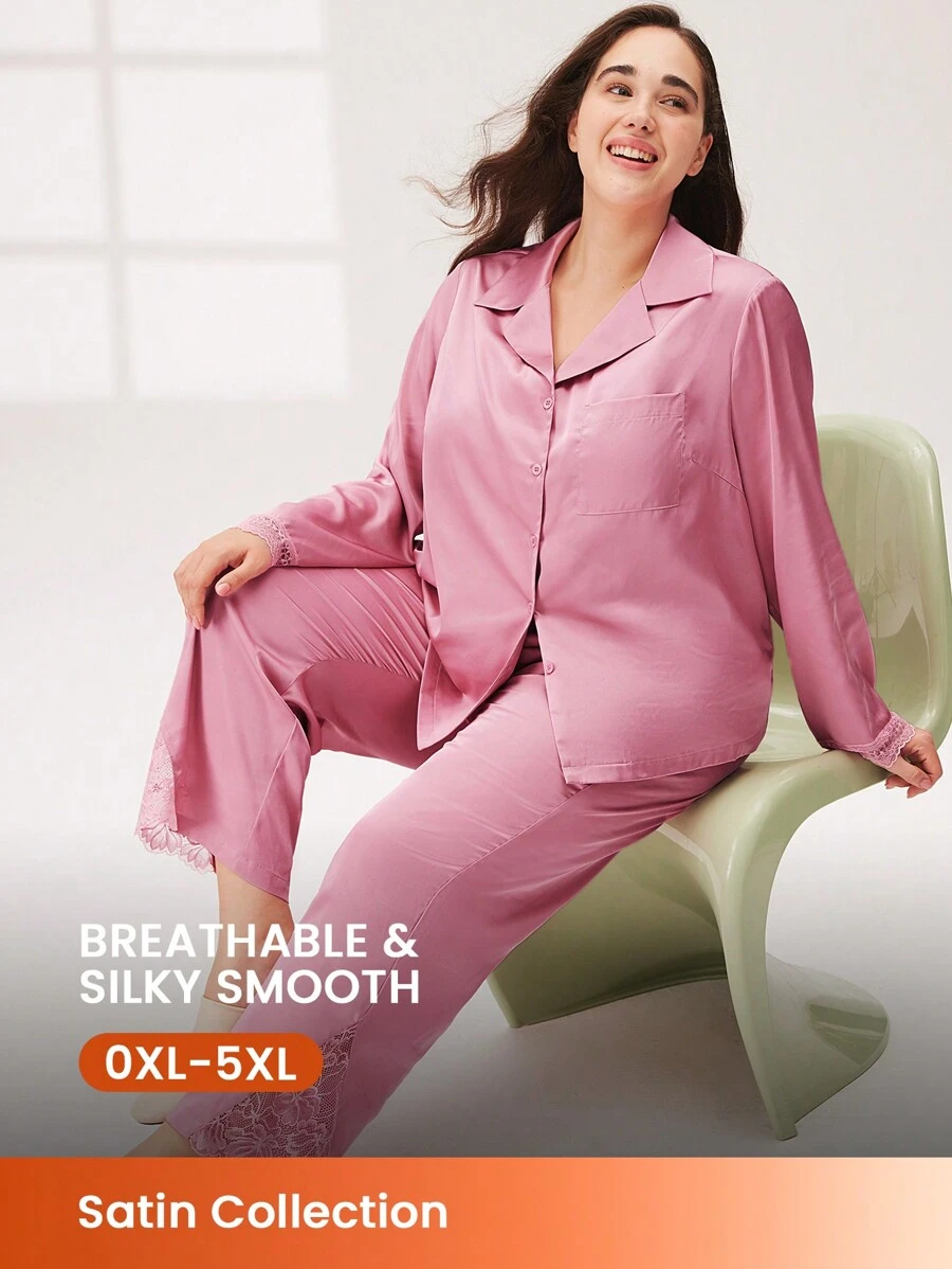 LUVLETTE 粉色丝缎基本款纽扣上衣和裤子家居服女士睡衣套装带口袋裤子女士休闲套装新娘贴身衣物 - 西瓜粉 - 查看 1