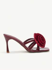 CUCCOO CHICEST 2pcs Rose Decor Strappy Square Toe Stiletto Heel Elegant Romantic Sweet Wine Red Women's High Heel Sandals, Suitable For Dates, Afternoon Tea, Gatherings, Party, Valentine's Day, Evening Banquet, Wedding, Formal Dress Spring Shoes Spring Break Easter