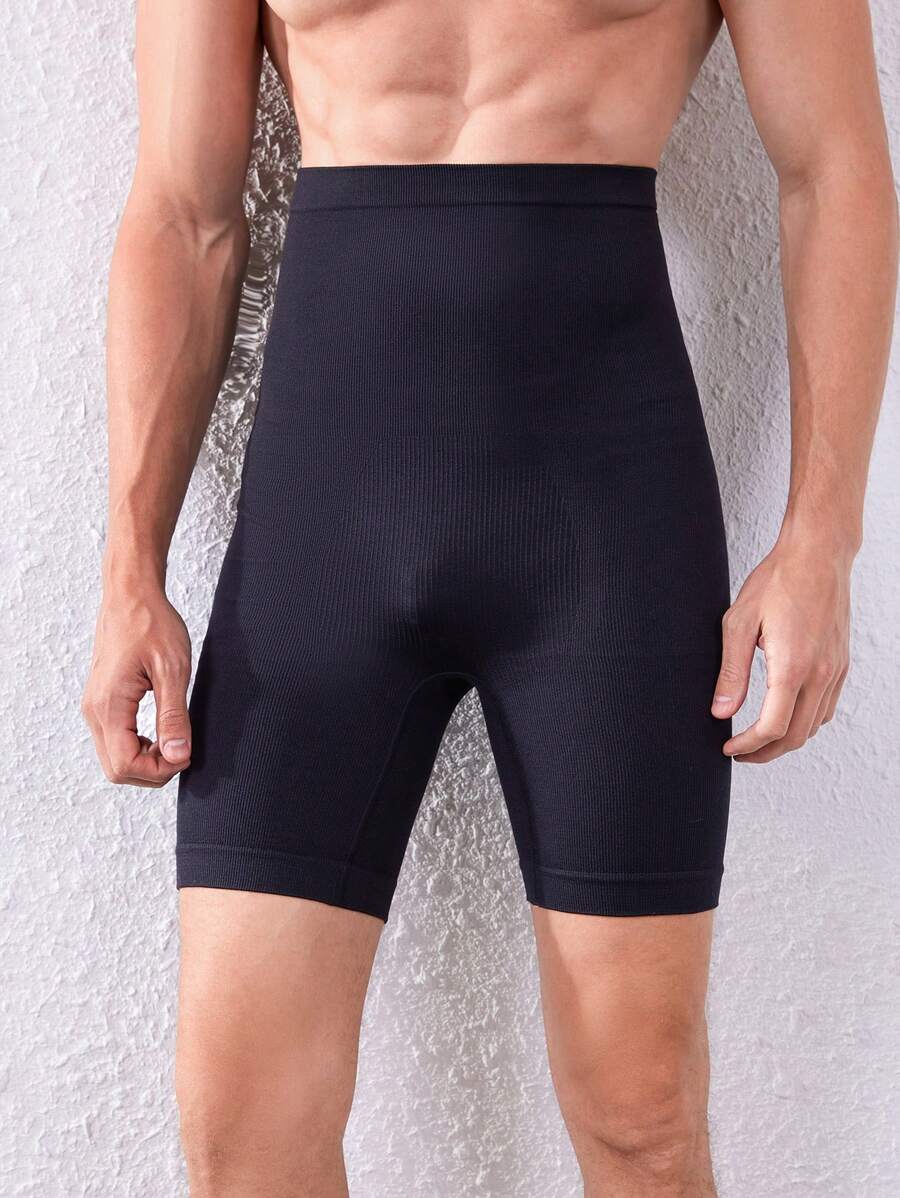 男士纯色高腰休闲短裤，修身下装 - 黑色 - 查看 1