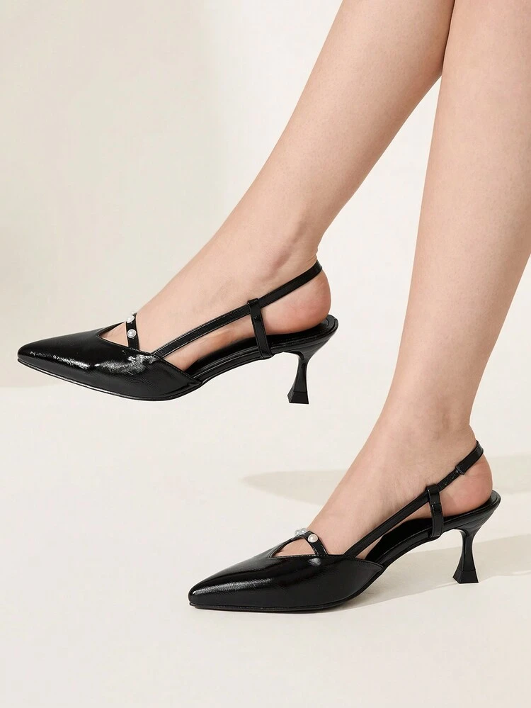 CUCCOO CHICEST Women's Faux Pearl Strappy Hollow-Out Pointed Toe Mid Heel Pumps, Elegant Commuting Sweet Formal Black Mule High Heels For Work, Date, Party, Afternoon Tea, Office Outfit Spring Shoes Spring Break Easter Prom Heels