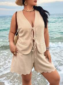 SHEIN VCAY Plus Size Solid Color Vest & Shorts Two-Piece Set For Vacation, Lounge Sets For Women, Casual Beach Outfit Airport Business Casual Summer Sets - Apricot - View 5