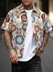 Manfinity Homme Men's Casual Daily Wear, Perfect For Seaside Vacations, Featuring An INS-Style Loose Casual Shirt With A Creative Colorful Floral Graffiti Illustration And Asymmetrical Color-Blocking Design. This Shirt Has A Button-Up Front And Is Suited For Hawaiian Beach Getaways, Music Festivals, And Everyday Wear, Making It An Ideal Gift For Boyfriends Or Husbands