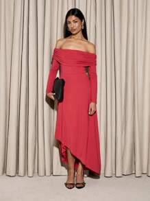 AiiRZ Elegant Off-Shoulder Long Sleeve Evening Dress With Ruched Neckline Asymmetrical Hem Party Cocktail Wedding Guest Formal Occasion Dress With Draped Detail