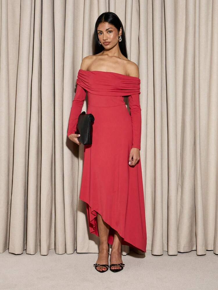 AiiRZ Elegant Off-Shoulder Long Sleeve Evening Dress With Ruched Neckline Asymmetrical Hem Party Wedding Guest Formal Occasion Dress With Draped Detail