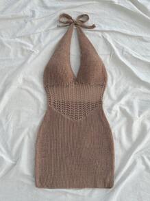 Soleia 度假式露背系带修身针织连衣裙 - 駝色 - 查看 3