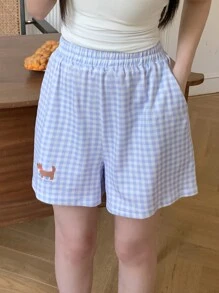 DAZY Cartoon Print Plaid Loose Short Pajama Bottom - Blue - View 5