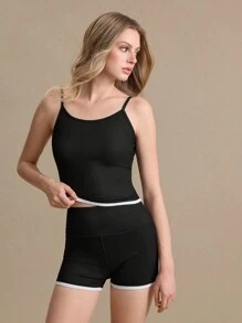 SHEIN 女士撞色边饰吊带背心和修身短裤运动休闲装 - 黑色 - 查看 4