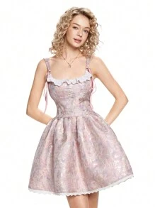 SHEIN MOD Vestido rosa romántico con lazo delantero y encaje, vestido para vacaciones, fiesta, baile de graduación, picnic, cita de primavera, Día de San Valentín, vestido bustier, vestido de cóctel para mujer
