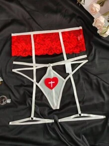 2pcs Sexy Garter Belt + G-String Set - Red and White - View 5