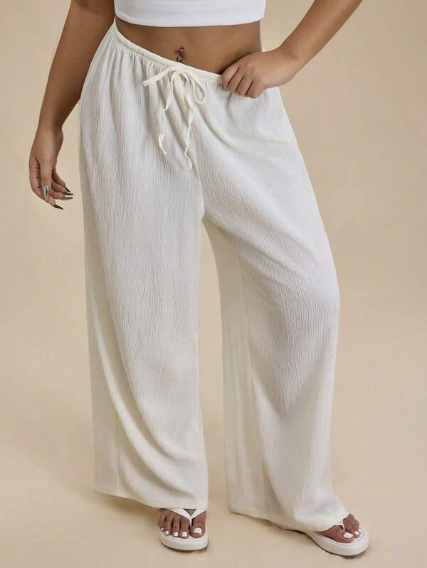 Forever 21 Plus Size Solid Color Front Tie Plain Straight Leg Pants, Casual Daily Wear