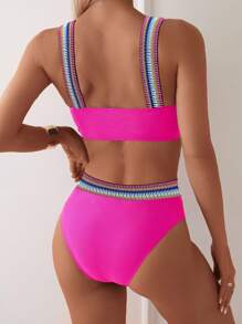SHEIN Swim Women's Colorful Striped Ruffle Sexy Bikini Swimwear Set, For Summer Beach Vacation