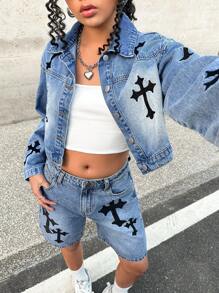 SHEIN Teen Girls Y2K Grunge Punk Y2k Retro Fashion Cross Embroidered Ligh Washed Crop Denim Jeans Jacket, Girls Summer Fashionable Concern Outfits - Light Wash - View 5