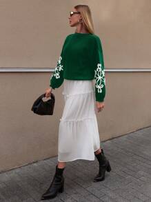 EURMUSE 休闲撞色花卉图案刺绣细节长袖毛衣 - 綠色 - 查看 5